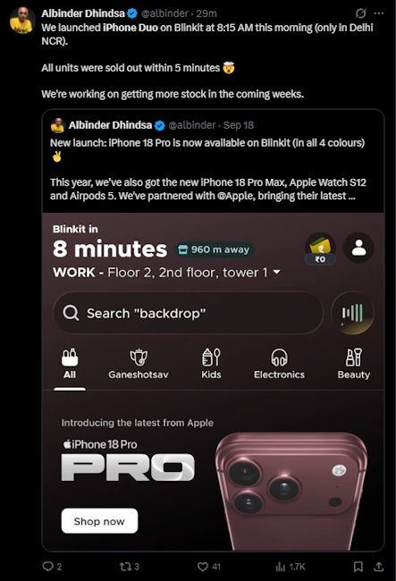 X post screenshot revealing iPhone Duo sold out in 5 minutes on Blinkit