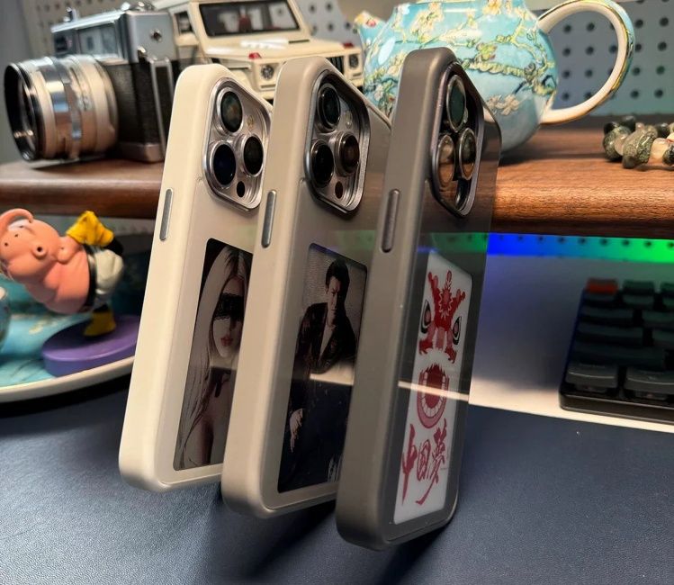 E-ink case by CaseKart on three iPhones next to each other