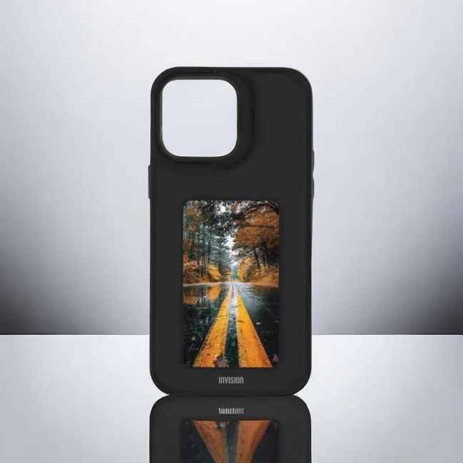iPhone E-ink case by CaseKart with photo of scenic road on display