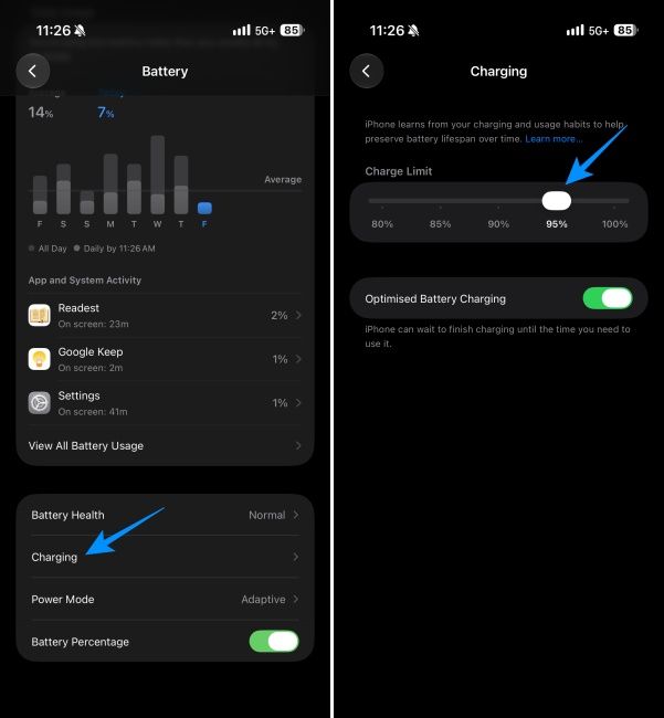 Setting up charging limits to the iPhone from within the Settings app Setting up charging limits to the iPhone from within the Settings app