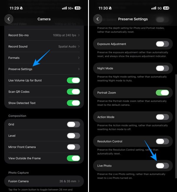 Keep photos static by disabling Live Photos feature from the Camera options in Settings Keep photos static by disabling Live Photos feature from the Camera options in Settings