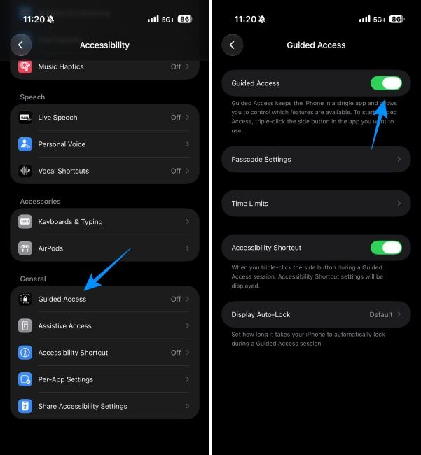 Guided Access option within Accessibility page in iPhone's Settings Guided Access option within Accessibility page in iPhone's Settings