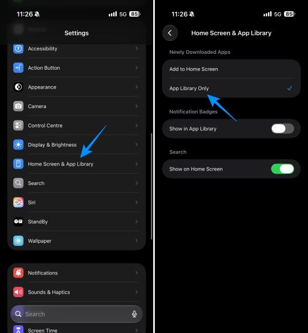 Enabling option to send newly installed apps to App Library only from within iPhone's Settings app Enabling option to send newly installed apps to App Library only from within iPhone's Settings app