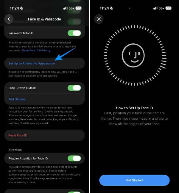 Option to set up alternative appearance on Face ID within iPhone's Settings app Option to set up alternative appearance on Face ID within iPhone's Settings app