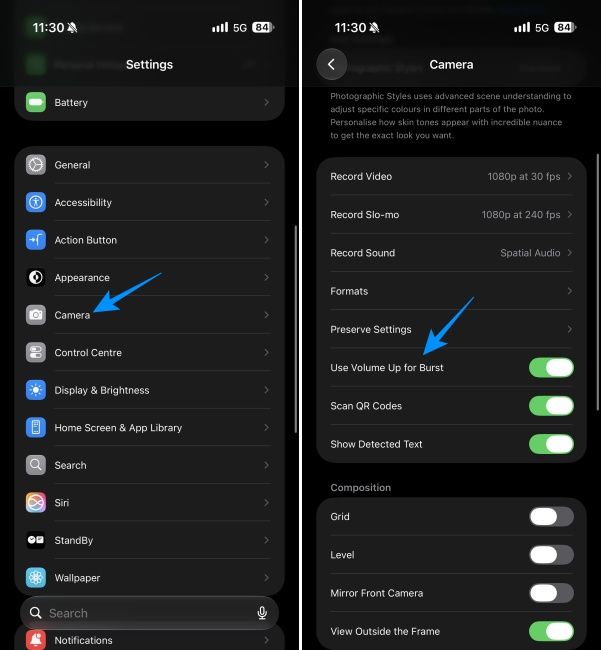 Enabling option to use Volume Up button for burst in Camera within the iPhone's Settings app Enabling option to use Volume Up button for burst in Camera within the iPhone's Settings app