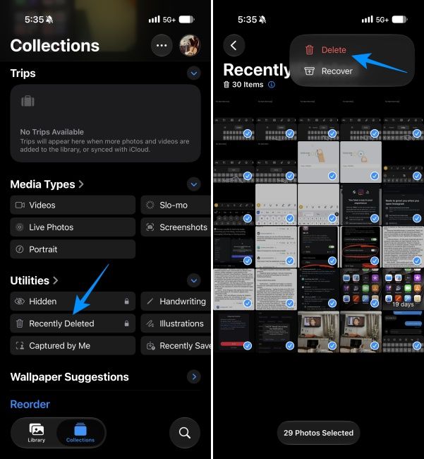 Deleting items from Recently Deleted folder in Photos app on iPhone