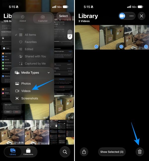 Deleting videos from Photos app to clear storage space on iPhone