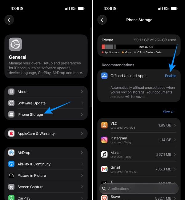 Offload unused apps to clear iPhone storage