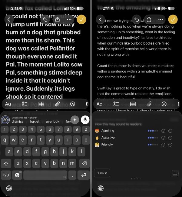 Synonym and tone change suggestions on the Grammarly keyboard for iPhone Synonym and tone change suggestions on the Grammarly keyboard for iPhone