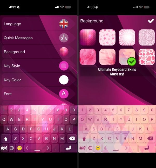 Custom background skins on the Pink Keyboard Ultimate Edition app for iPhone's keyboard