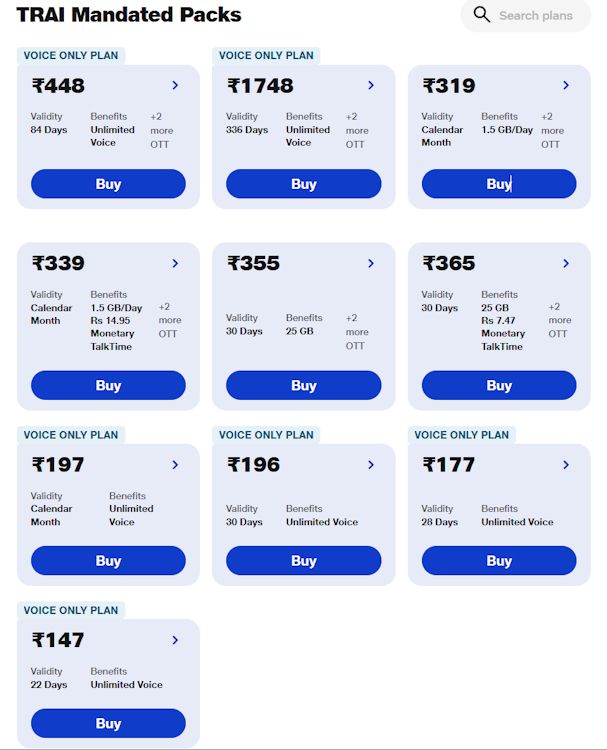 Jio TRAI Mandated Packs List screenshot