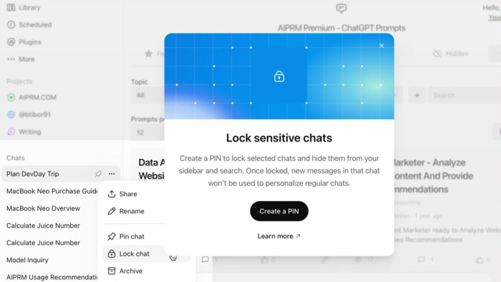 OpenAI ChatGPT Locked Chats feature in action on Web Browser