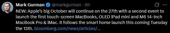 Mark Gurman on X with information on upcoming MacBooks Mark Gurman on X with information on upcoming MacBooks