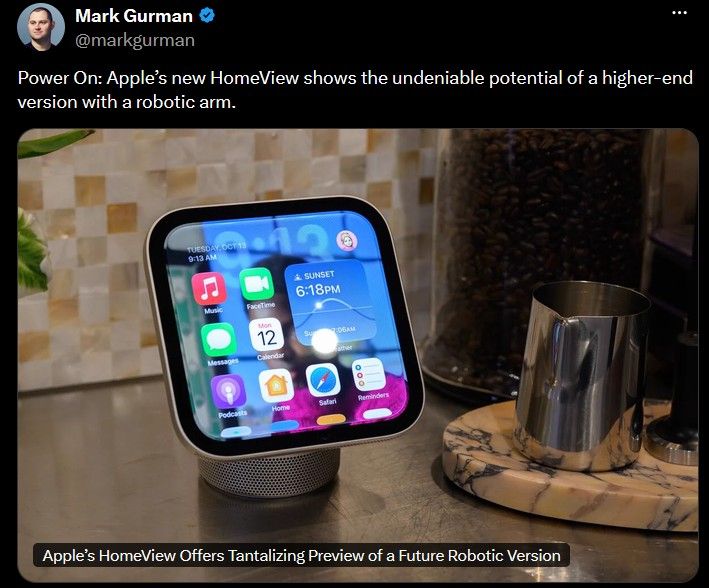 Mark Gurman on X about HomeView Pro and robotic arms