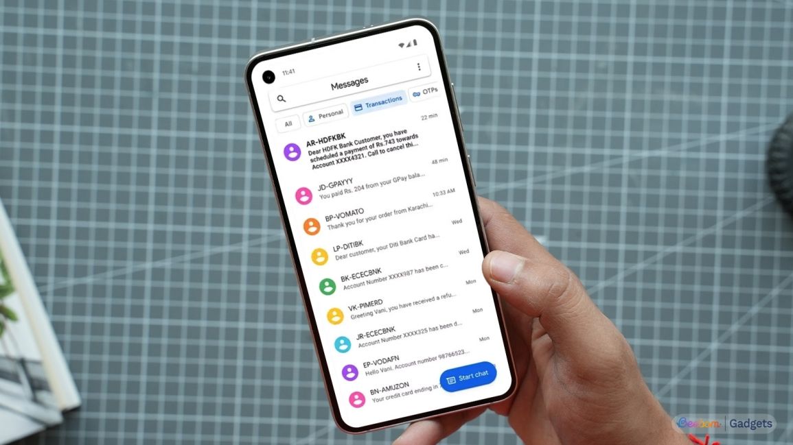 a user holding a phone showing message categories in google messages