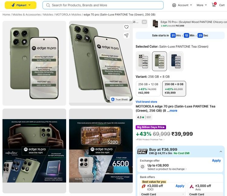 Motorola Edge 70 Pro smartphone listing on Amazon with price and offers