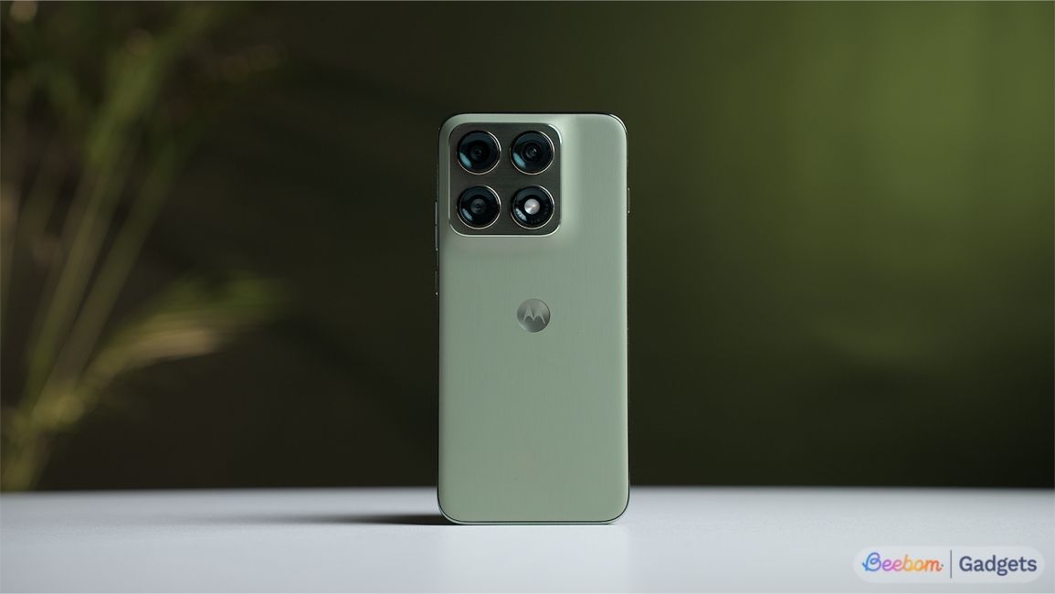 shot of the Motorola Edge 70 Pro standing upright on a desk