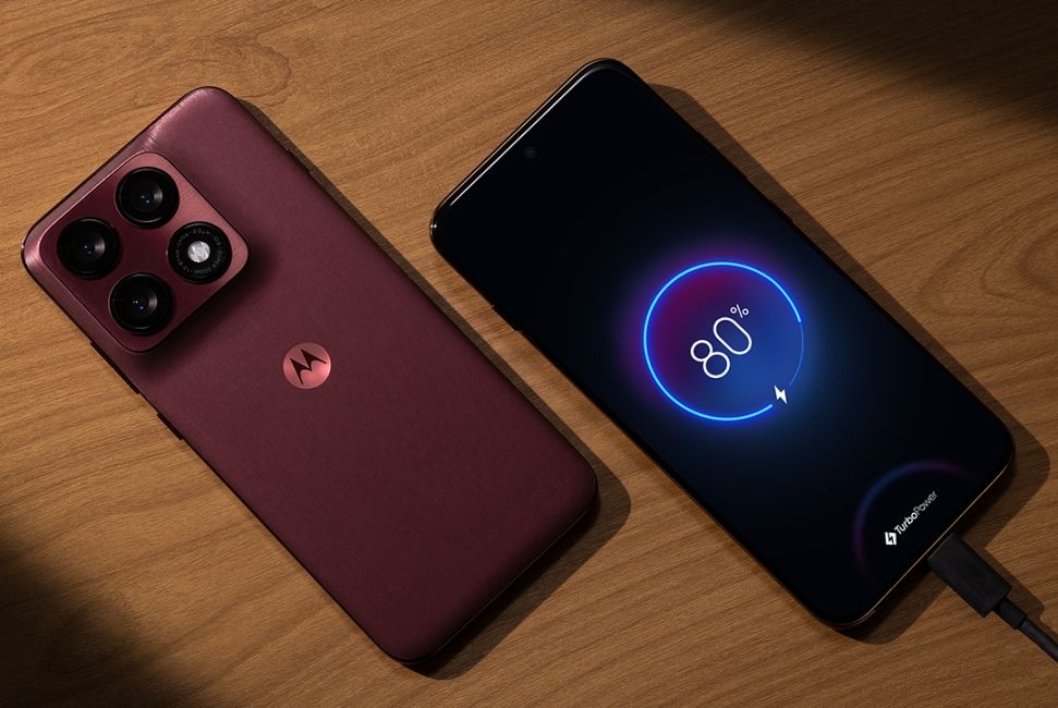 shot of the Motorola Edge 70 Pro Plus placed on a table showing back panel and display