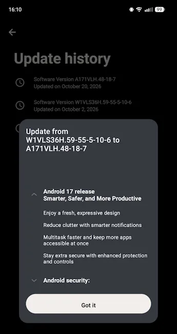 Motorola Razr 60 Ultra Android 17 update screenshot