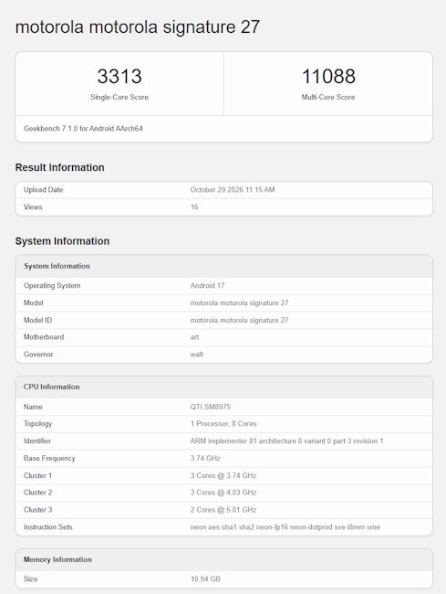 Motorola Signature 27 Geekbench listing screenshot