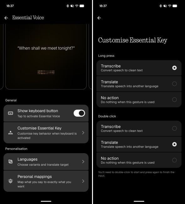 Nothing OS 5.0 new customisation settings of Essential Key
