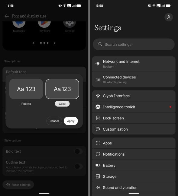 Geist font settings page on Nothing OS 5.0