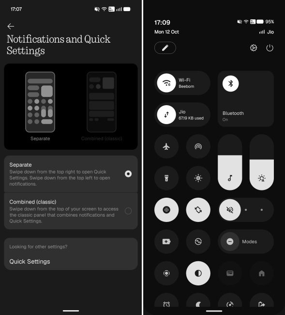 Combined Notifications and Quick Settings on Nothing OS 5.0