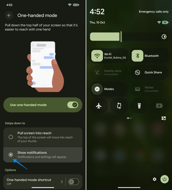 screenshot from a pixel phone showing how to enable one-handed mode