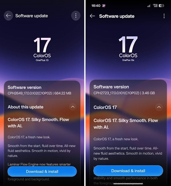 OnePlus 13 and OnePlus 13s ColorOS 17 update screenshot