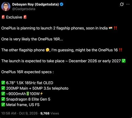 OnePlus 16R previous information by Debayan Roy on X