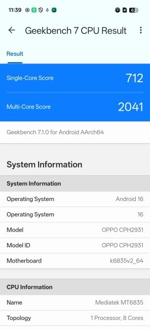 Oppo F35 Geekbench 7 Benchmark Screenshot