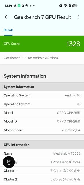 Oppo F35 Geekbench 7 GPU Benchmark Screenshot