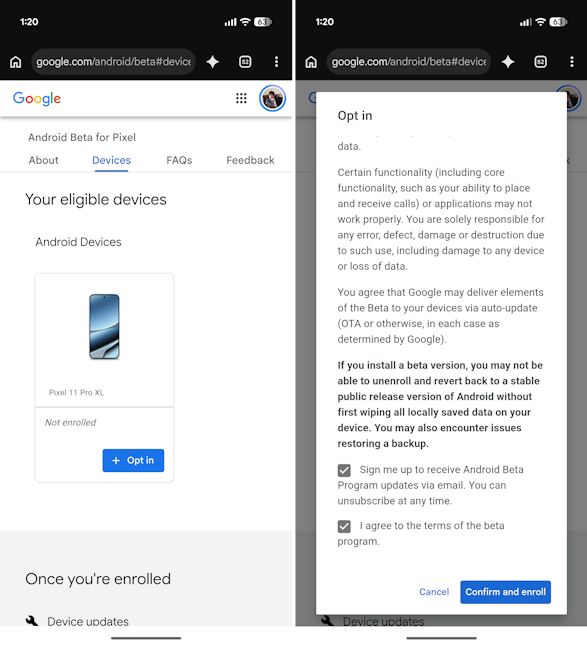 Opting in to Android Beta programme