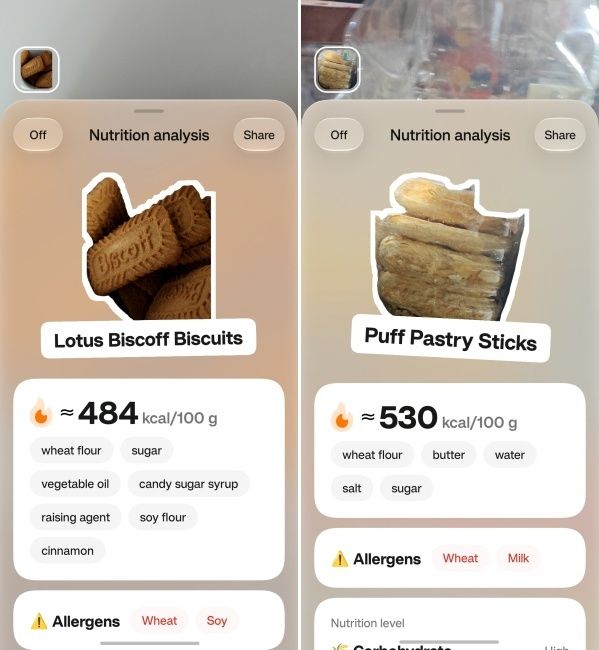 OSee feature on ColorOS 17 showing nutritional values of biscuits and pastry sticks