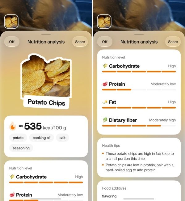 OSee feature on ColorOS 17 showing nutritional info of potato chips