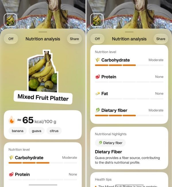 OSee feature on ColorOS 17 showing nutritional info of a bowl of fruits