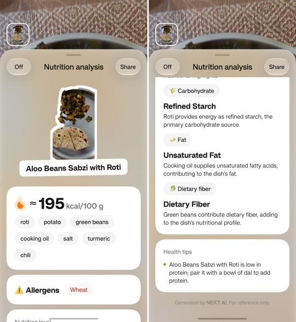 OSee feature on ColorOS 17 displaying nutritional info for Indian thali