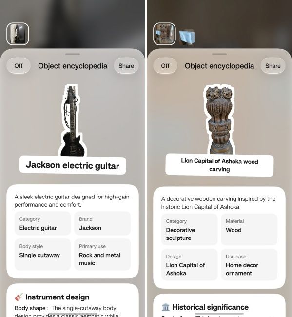 OSee feature on ColorOS 17 recognising guitar and miniature Ashoka pillar