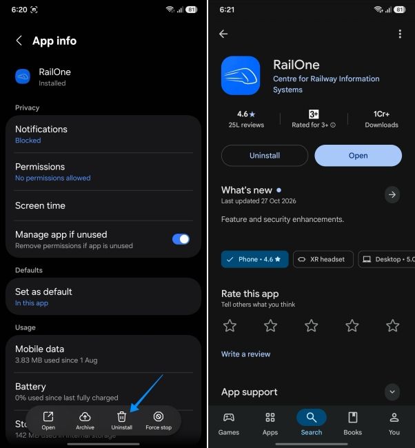 a screenshot from an android phone showing how to re-install an app a screenshot from an android phone showing how to re-install an app