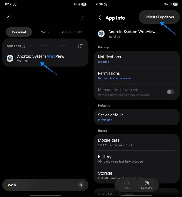 a screenshot from an android phone showing how to roll back android system webview updates a screenshot from an android phone showing how to roll back android system webview updates