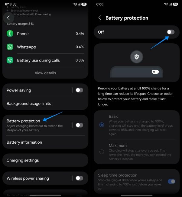 screenshot from a samsung phone showing battery protection setting screenshot from a samsung phone showing battery protection setting