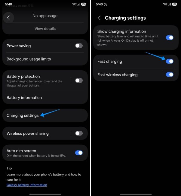 screenshot from a samsung phone showing fast charging setting screenshot from a samsung phone showing fast charging setting