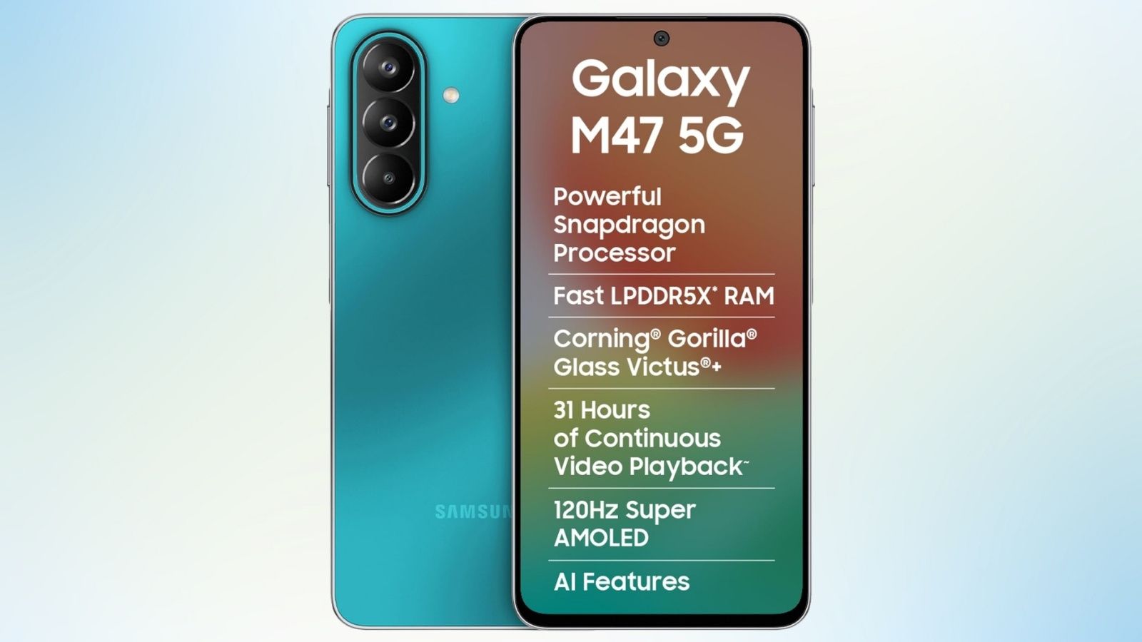 Samsung Galaxy M47 front and back design showcased in blue Samsung Galaxy M47 front and back design showcased in blue