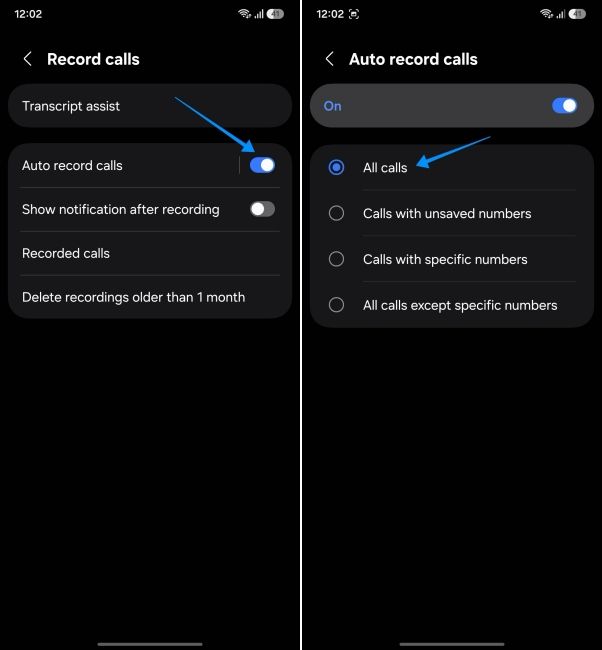 screenshot from a samsung phone showing how to enable automatic call recording screenshot from a samsung phone showing how to enable automatic call recording