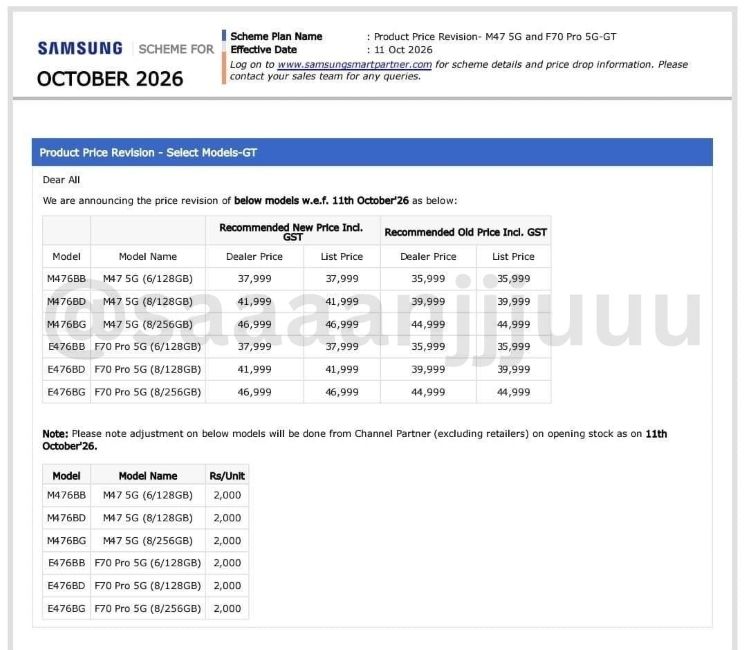 Samsung Price increase retailer document Samsung Price increase retailer document