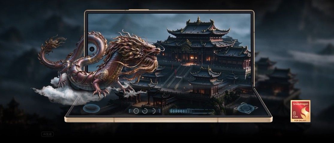 Samsung w27 smartphone opened with a Chinese festival dragon and snapdragon logo Samsung w27 smartphone opened with a Chinese festival dragon and snapdragon logo