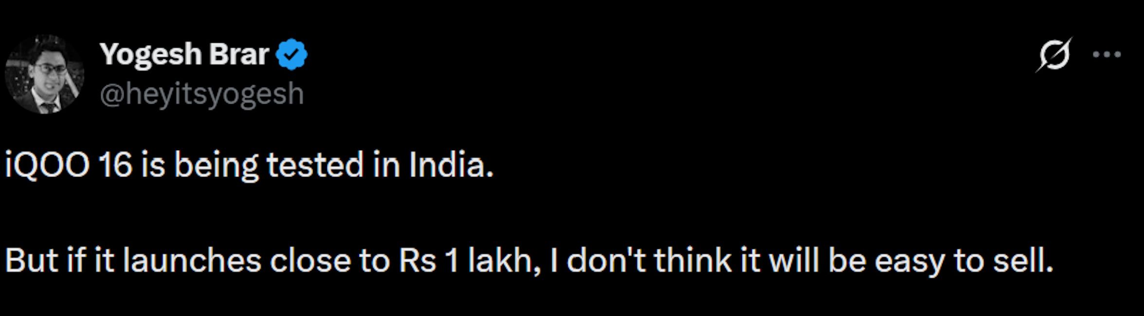 iQOO 16 price leaked for India iQOO 16 price leaked for India