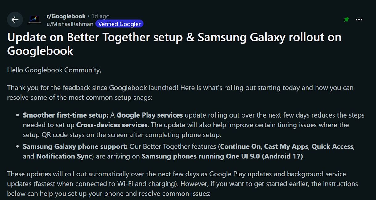 Galaxy phones can now Googlebook's “Better Together” features