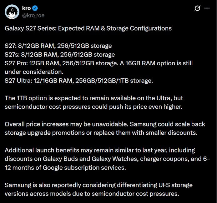 Samsung Galaxy S27 series RAM and storage options leaked