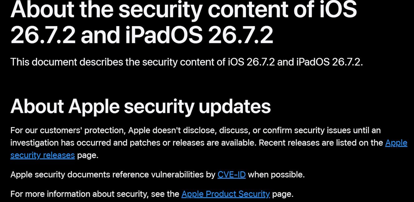 iOS 26.7.2 security release notes from Apple iOS 26.7.2 security release notes from Apple